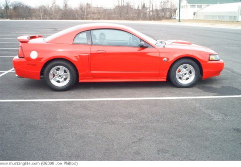 2004 Ford Mustang - A red 2004 Ford Mustang coupe is parked in a lot, viewed from the side.