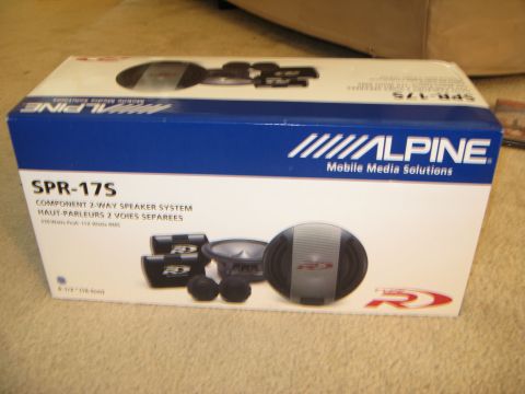 2002 Pontiac Trans Am - The box shows an Alpine SPR-17S component 2-way speaker system with tweeters, woofers, and crossovers.