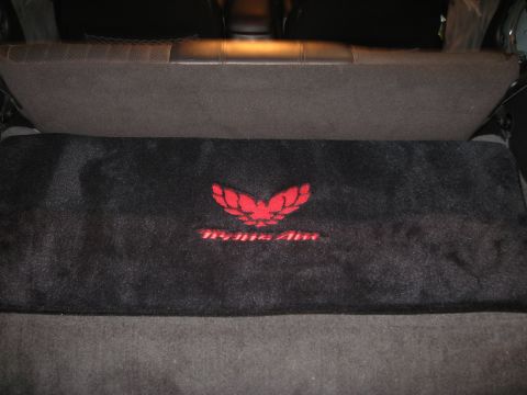 2002 Pontiac Trans Am - A black floor mat with the iconic red Trans Am bird logo and text is visible in the trunk area of a car.