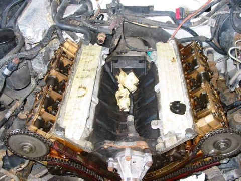 1996 Ford Crown Victoria - Close-up view of an engine with its valve covers removed, revealing the timing chains and internal mechanical parts.