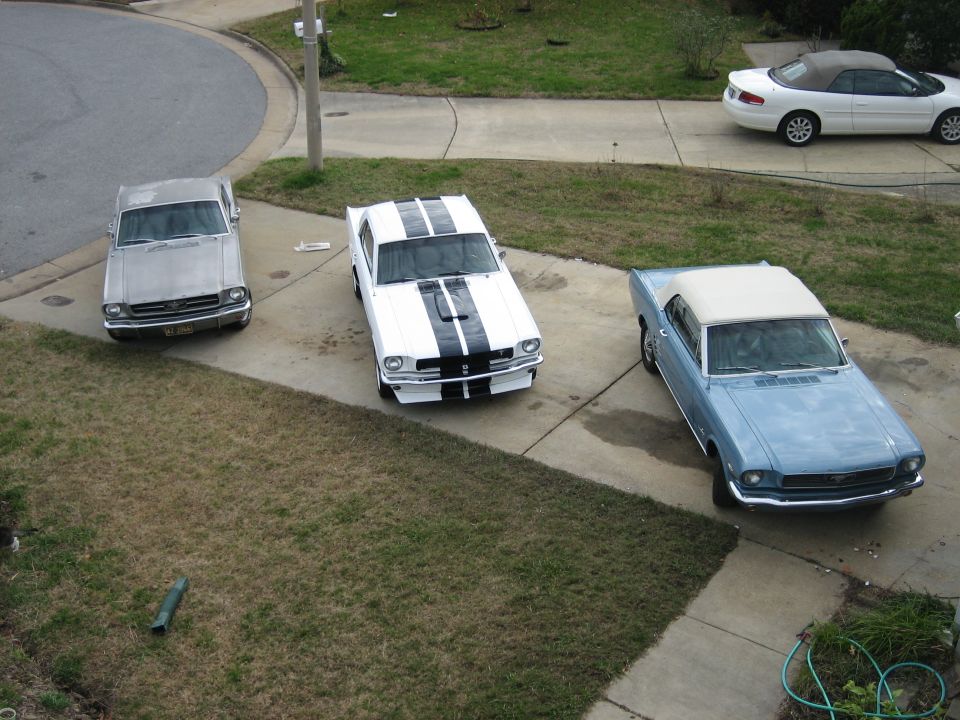 Three classic Mustangs parked in a driveway: a silver one, a white one with black stripes, and a blue convertible