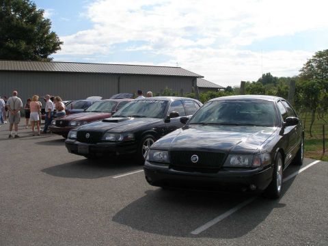1998 Ford Crown Victoria - Front three-quarter view down a row of black Mercury Marauder sedans parked at an outdoor gathering beside a metal building, with vineyard…