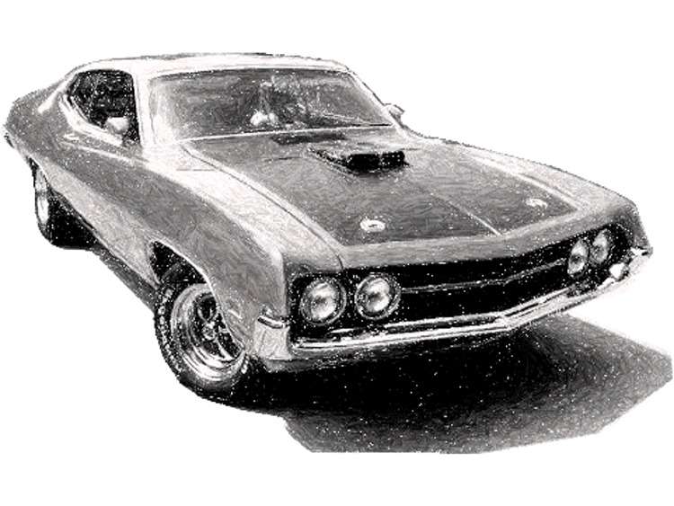 Pencil-sketch style 3/4 front view of a vintage muscle car coupe in black and white