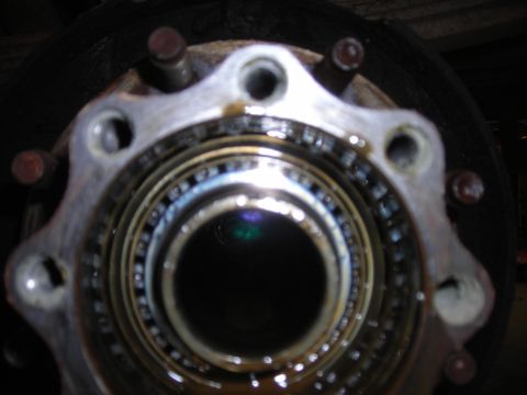 1995 Ford F-250 - Close-up view of a wheel bearing assembly, showing the internal rollers and lubricant.