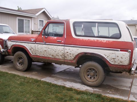 1984 Ford Bronco - This two-tone Ford Bronco is covered in mud, suggesting it has seen some off-road action.
