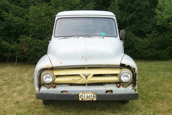Front view of gray 1953 Ford F-100 pickup with yellow grille and surface rust, parked on grass by evergreens