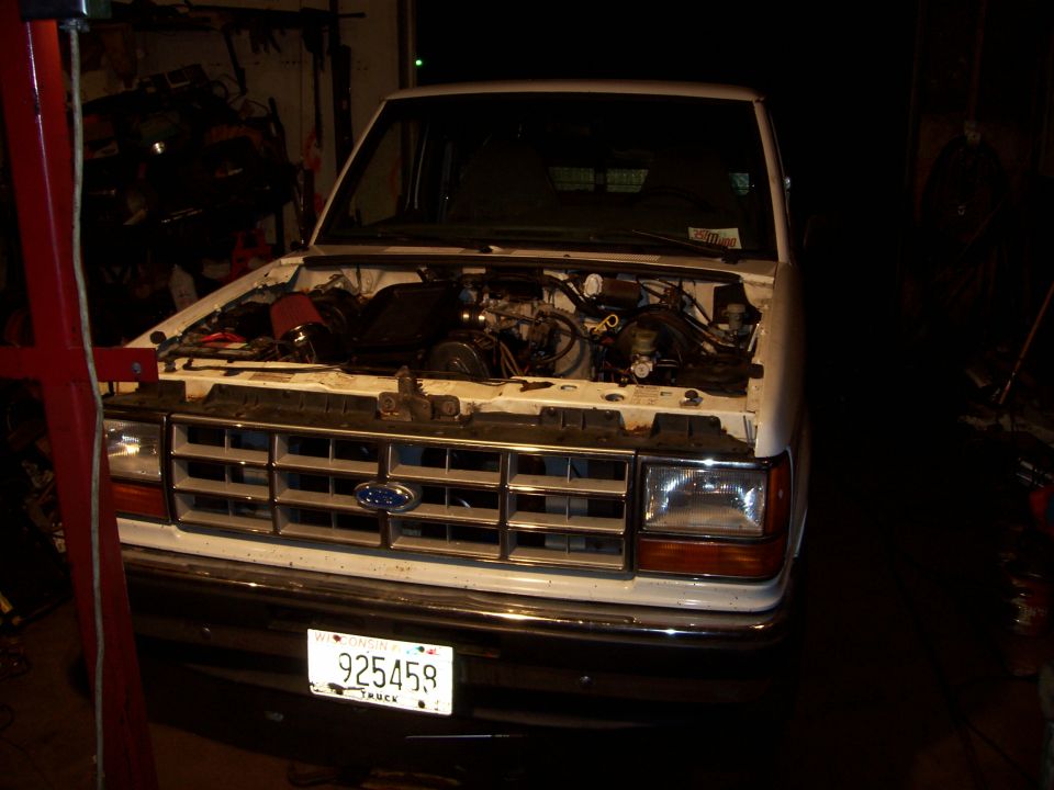 1992 Ford Ranger front with hood open showing engine bay and grille