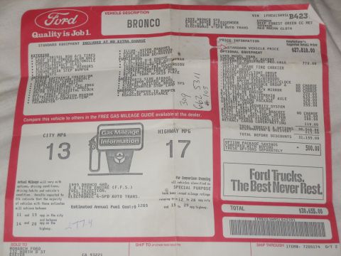1995 Ford Bronco - This 1995 Ford Bronco window sticker details standard equipment, optional features, and pricing information.