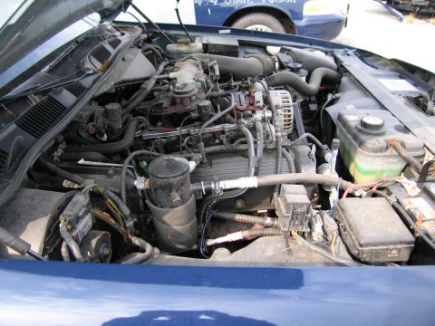 1991 Ford LTD Crown Victoria - The engine bay of a blue Ford Crown Victoria is shown, with a police car visible in the background.