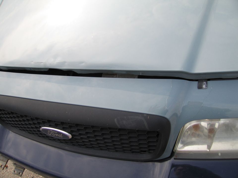 Ford emblem on a black honeycomb grille. Hood is slightly dented above grille