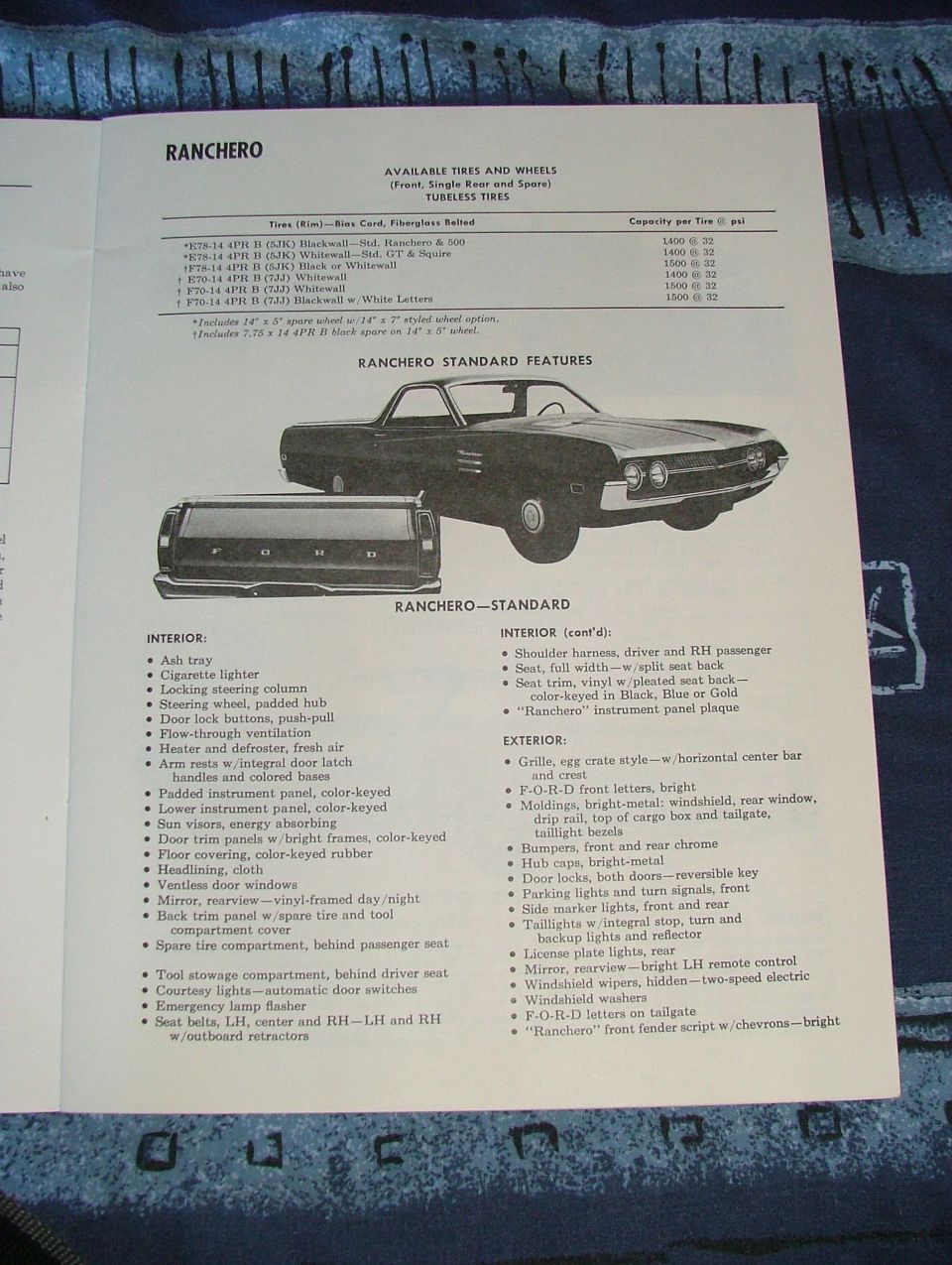 1972 Ford Ranchero dealer brochure available tires wheels and standard features page