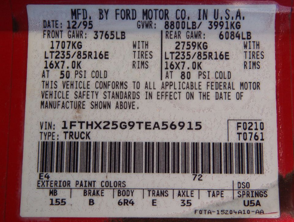 Ford door VIN sticker, VIN 1FTHX25G9TEA56915, date 12/95