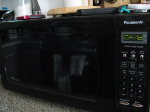 1997 Ford Crown Victoria - A black Panasonic microwave is shown on a countertop with various kitchen items in the background.