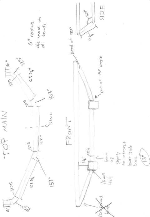 1995 Ford Bronco - Hand-drawn dimensioned roll-cage tube-bending drawing showing bend angles, lengths and views from top, front and side.