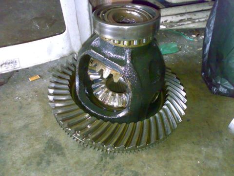 1995 Ford F-150 - A differential gear assembly, including a ring gear and bearings, is shown on a concrete surface.