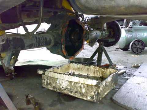 1995 Ford F-150 - Close-up of a vehicle's rear axle assembly undergoing maintenance, with the differential cover off.