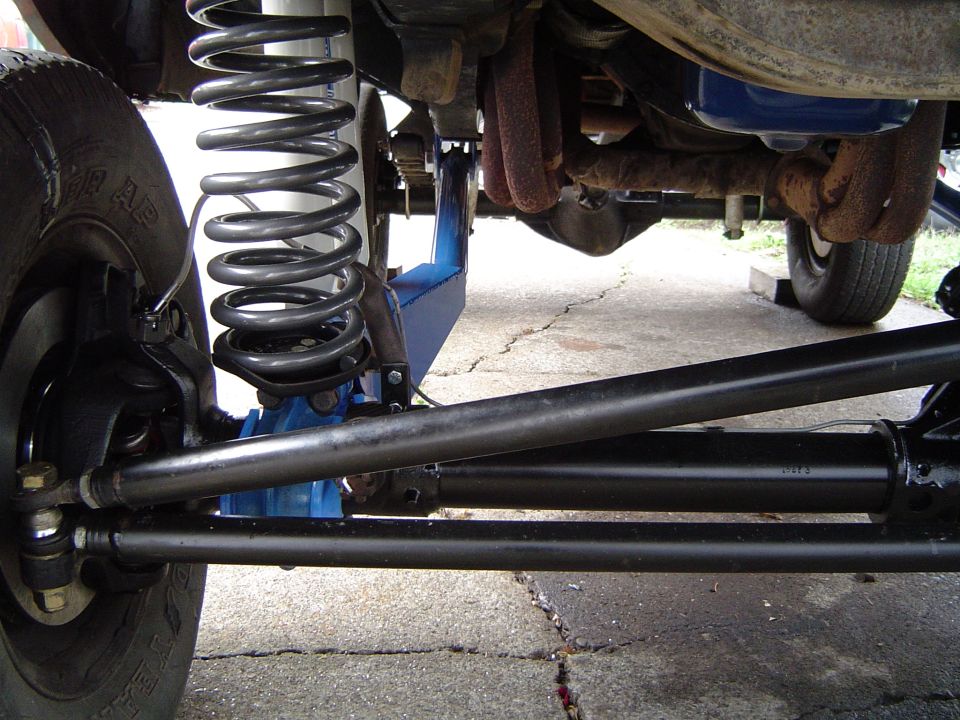 Close-up of a vehicle's front suspension with a large coil spring, steering linkage, and part of the axle