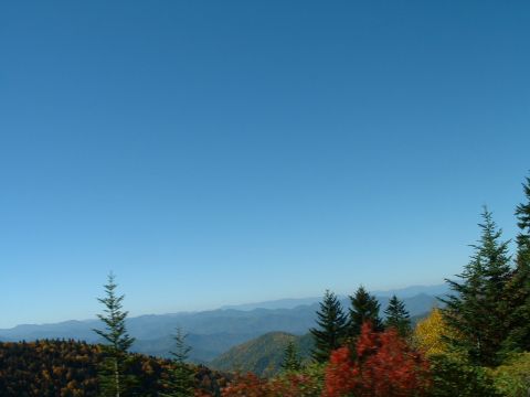 1995 Ford Bronco - A scenic view of layered mountains under a clear blue sky, with evergreen and deciduous trees in the foreground. The Supermotors logo is vi…
