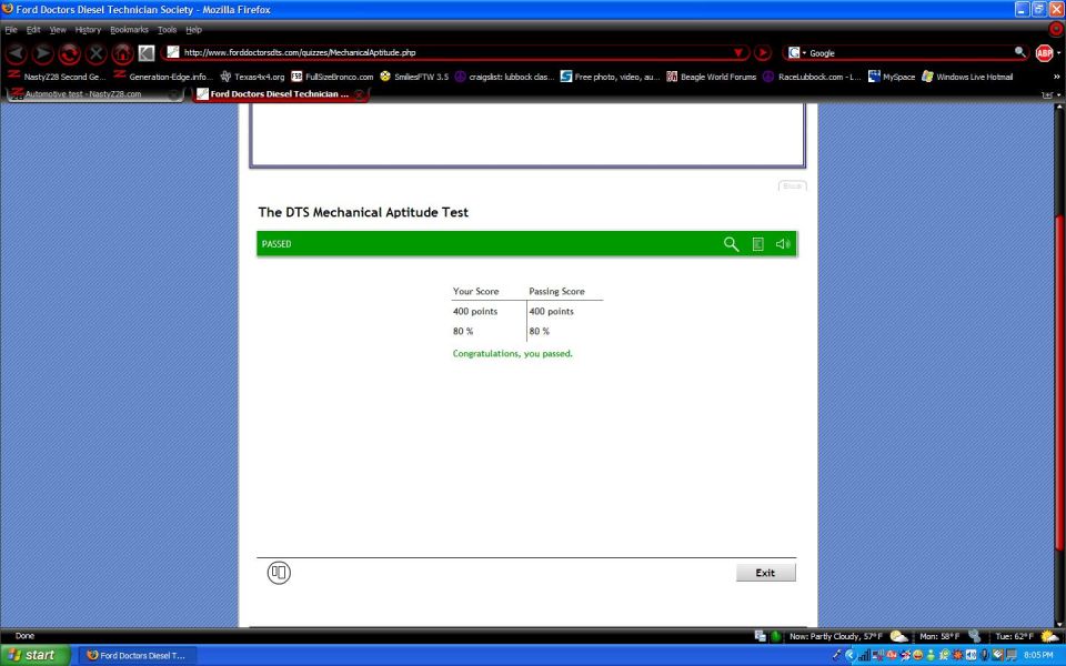 Browser screenshot of a passed DTS mechanical aptitude test result