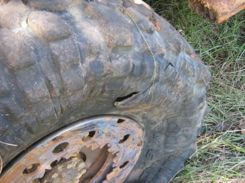 1986 Ford Bronco - A damaged tire and rusty wheel are visible, with grass and debris in the background.