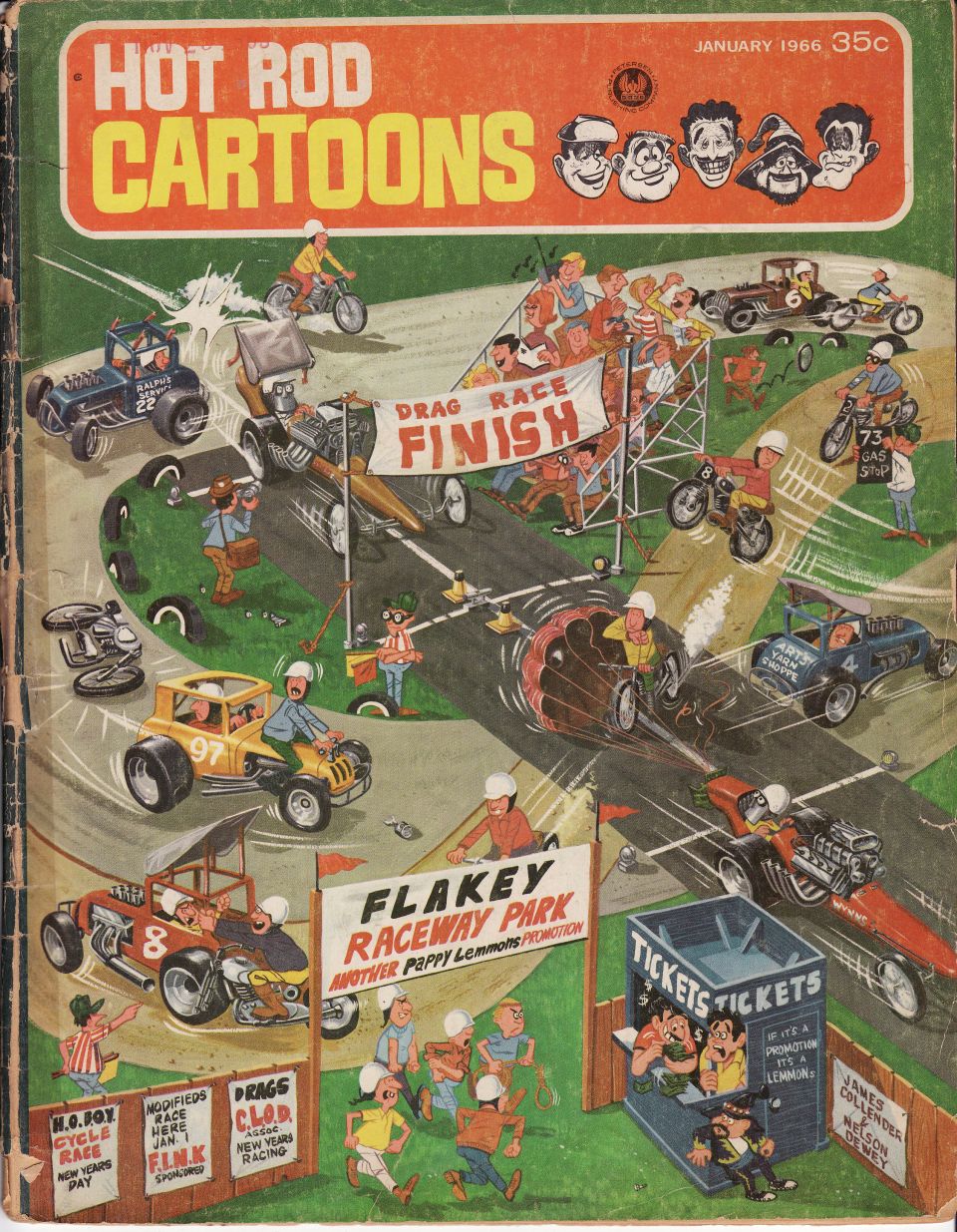 Hot Rod Cartoons January 1966 cover showing a cartoon drag race at Flakey Raceway Park