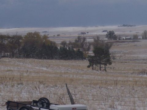 1972 Ford Ranchero - A trailer sits in a snowy field with trees and houses in the distance under a cloudy sky.