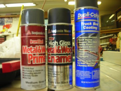 1995 Ford F-250 - Three cans of spray paint are displayed, including Benjamin Moore IronClad Metal & Wood Primer, Benjamin Moore High Gloss Metal & Wood Enam…