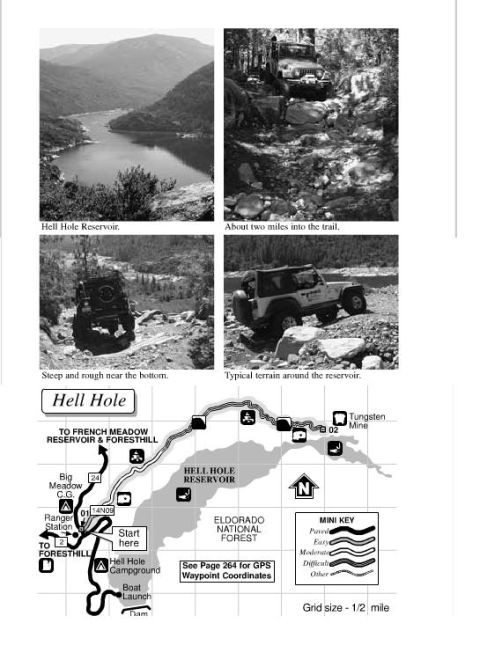 1985 Toyota Hilux - Map details the Hell Hole Reservoir area, including trails, campgrounds, and points of interest.
