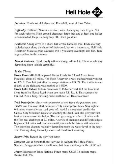 1985 Toyota Hilux - This document provides detailed information about the Hell Hole 22 trail, including its location, difficulty, and driving directions.