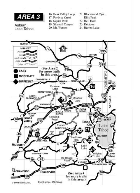 1985 Toyota Hilux - This map details trails in Area 3, covering locations like Auburn and Lake Tahoe, with a grid size of 10 miles.