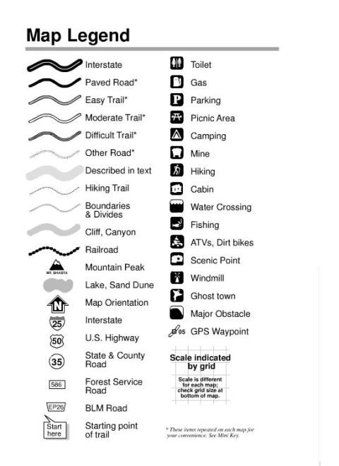 1985 Toyota Hilux - This map legend explains various symbols used on a map, including roads, trails, and amenities.