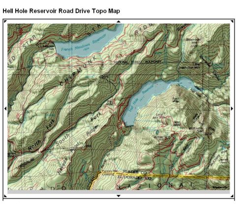 1985 Toyota Hilux - This topographic map details the terrain and features of the Hell Hole Reservoir Road Drive area.