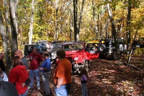 1992 Jeep Cherokee - A group of Jeeps are gathered in a forest during the fall season, with colorful leaves on the trees.