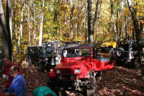 1992 Jeep Cherokee - Several Jeep SUVs are parked in a wooded area during the fall season.