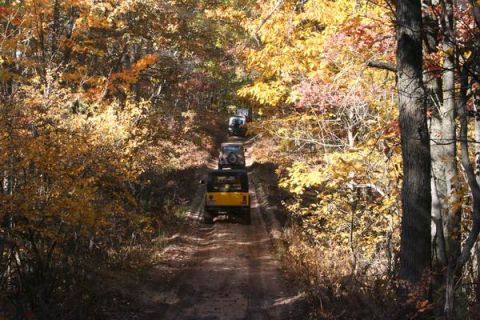 1992 Jeep Cherokee - Several Jeep Cherokees drive down a dirt trail surrounded by trees with fall foliage.