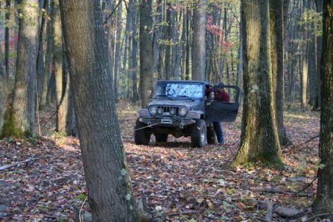 1992 Jeep Cherokee - A person stands by the open door of a Jeep Wrangler in a forest during autumn.