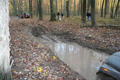 1992 Jeep Cherokee - A red Jeep Wrangler navigates a muddy path through a forest with fallen leaves.