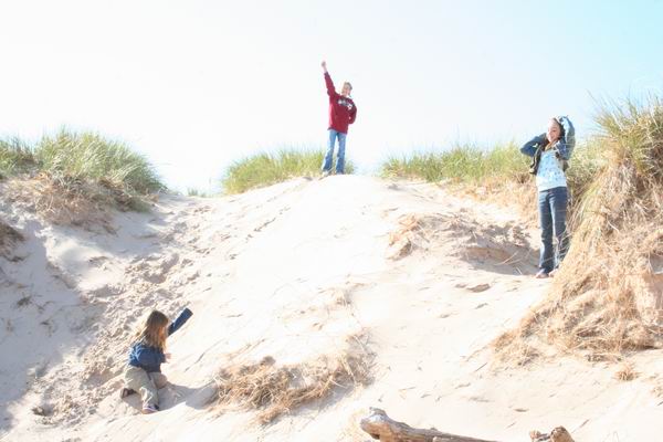 Three children on sand dunes with beach grass under a bright sky