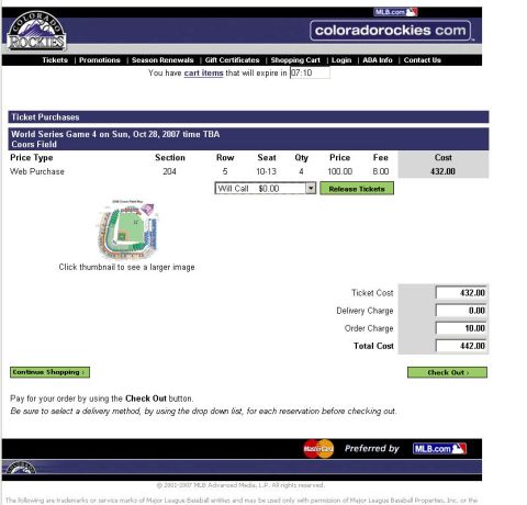 1995 Ford Bronco - This page confirms a ticket purchase for World Series Game 4 at Coors Field, detailing seat information, price, and total cost.