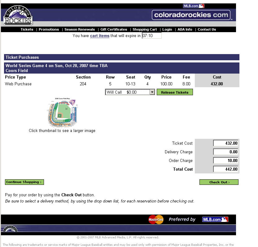 Colorado Rockies ticket purchase confirmation page with ticket details and total cost