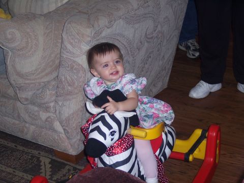 1972 Ford Ranchero - A baby enjoys a ride on a toy zebra, with a couch and adults in the background.