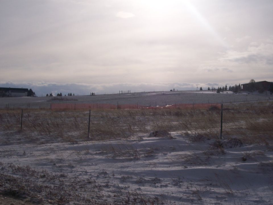 Snowy field with a red fence and distant buildings under a bright sky