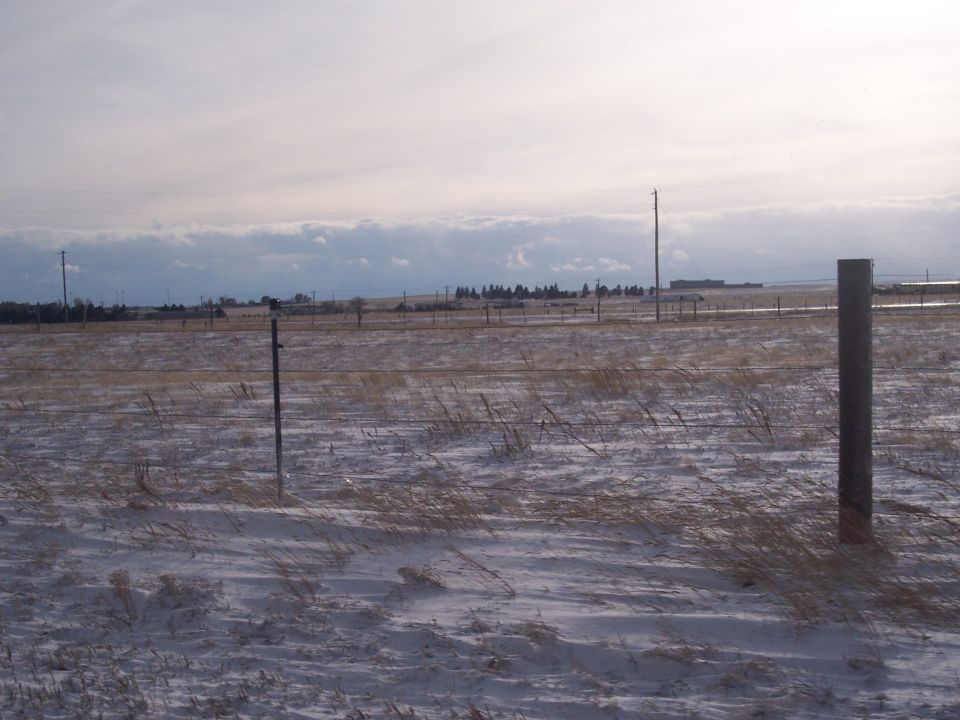 Winter field with dry grass, snow patches, and fence posts under a cloudy sky