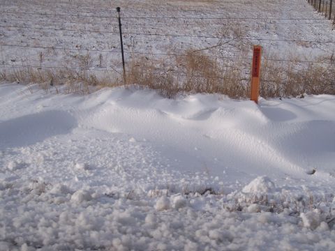 1972 Ford Ranchero - A winter scene shows a fence line and an orange marker in a snow-covered field.