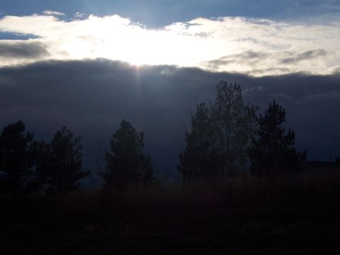 1972 Ford Ranchero - Sunlight breaks through heavy clouds, illuminating the sky above silhouetted trees and vegetation.