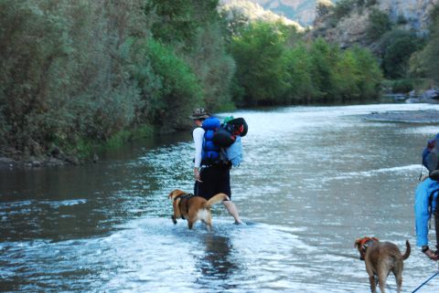 1997 Ford F-250 - Hikers and their dogs cross a river in a scenic, natural environment.