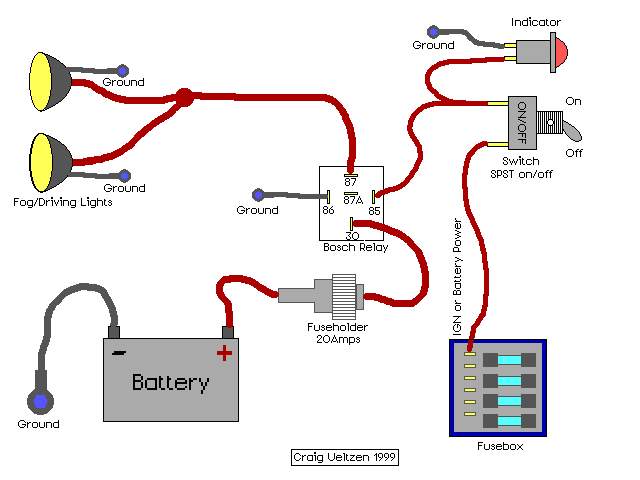 Fog and driving light wiring diagram with Bosch relay, switch, fuse, and battery