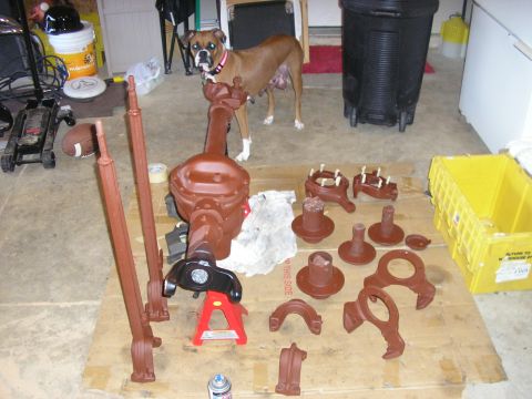 1996 Ford Bronco - A boxer dog observes a collection of car axle and suspension components arranged on a garage floor.