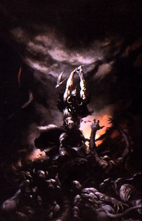 1973 Ford Ranchero - Artwork depicting a warrior figure in a dramatic, dark scene with multiple figures below.