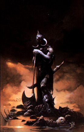 1973 Ford Ranchero - This artwork depicts a dark fantasy scene with a warrior figure amidst bones and skulls.